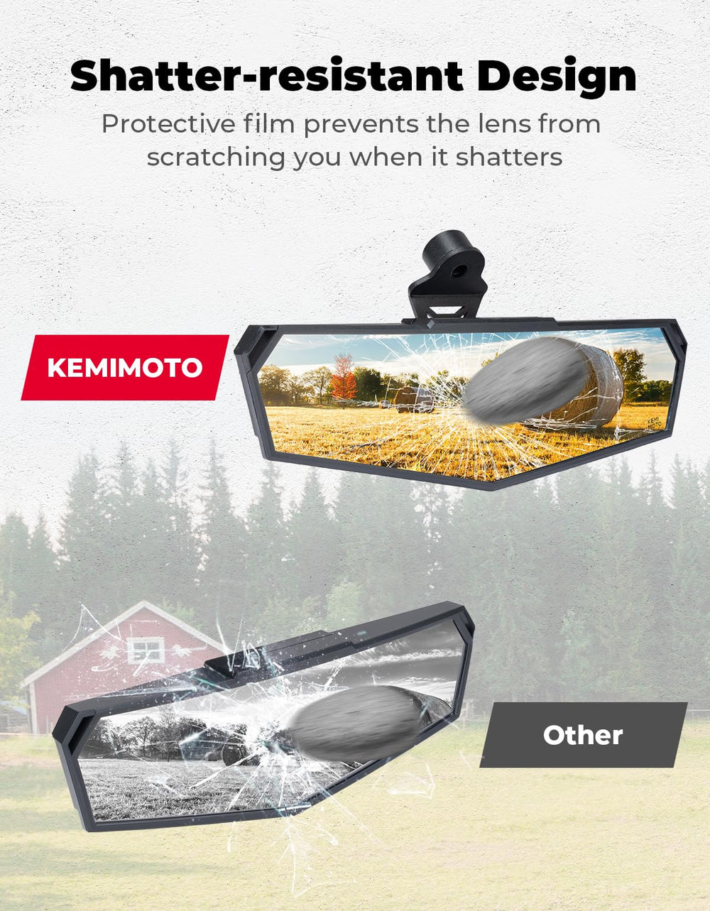 KEMIMOTO rear view mirror with shatterproof glass for safer driving in bad weather.