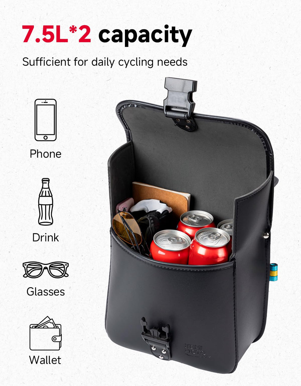 KEMIMOTO saddlebags offer 15L capacity for gloves, tools, water, and essentials.