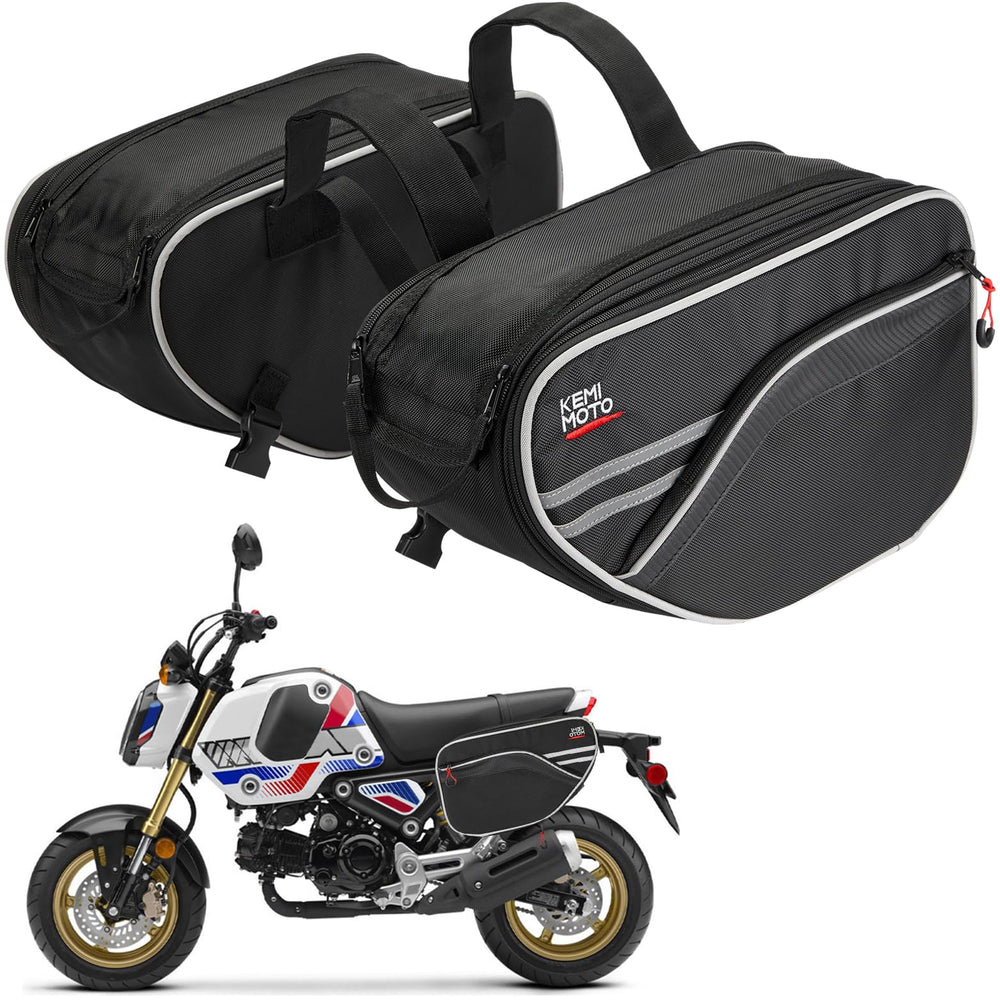 KEMIMOTO expandable saddlebags side extended showing 30L capacity for long rides