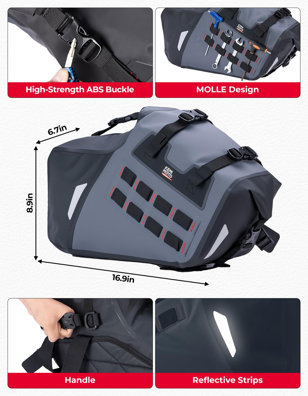 KEMIMOTO saddlebags reflective logos boost visibility at night.