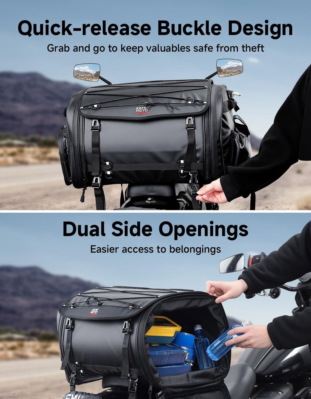 KEMIMOTO shoulder strap enables off-bike carry and backpack use