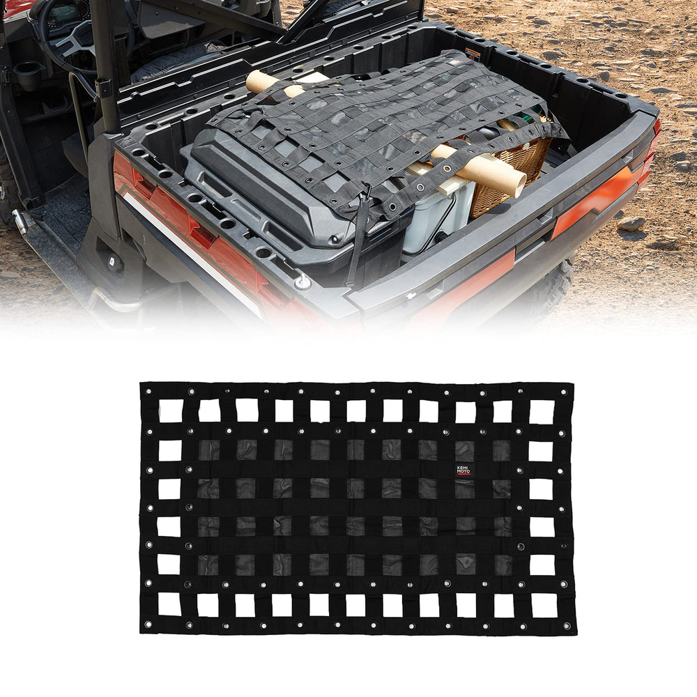 Kemimoto UTV cargo net setup securely covers items on a rugged bed.