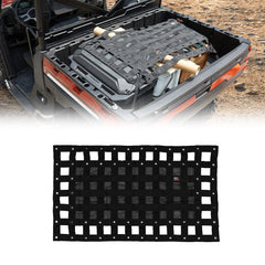 Kemimoto UTV cargo net setup securely covers items on a rugged bed.