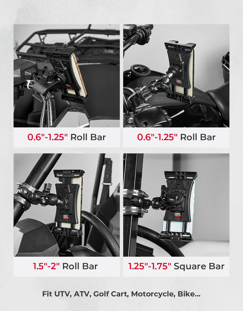 KEMIMOTO UTV Phone Mount uses anti-slip sponge clamps to resist vibration