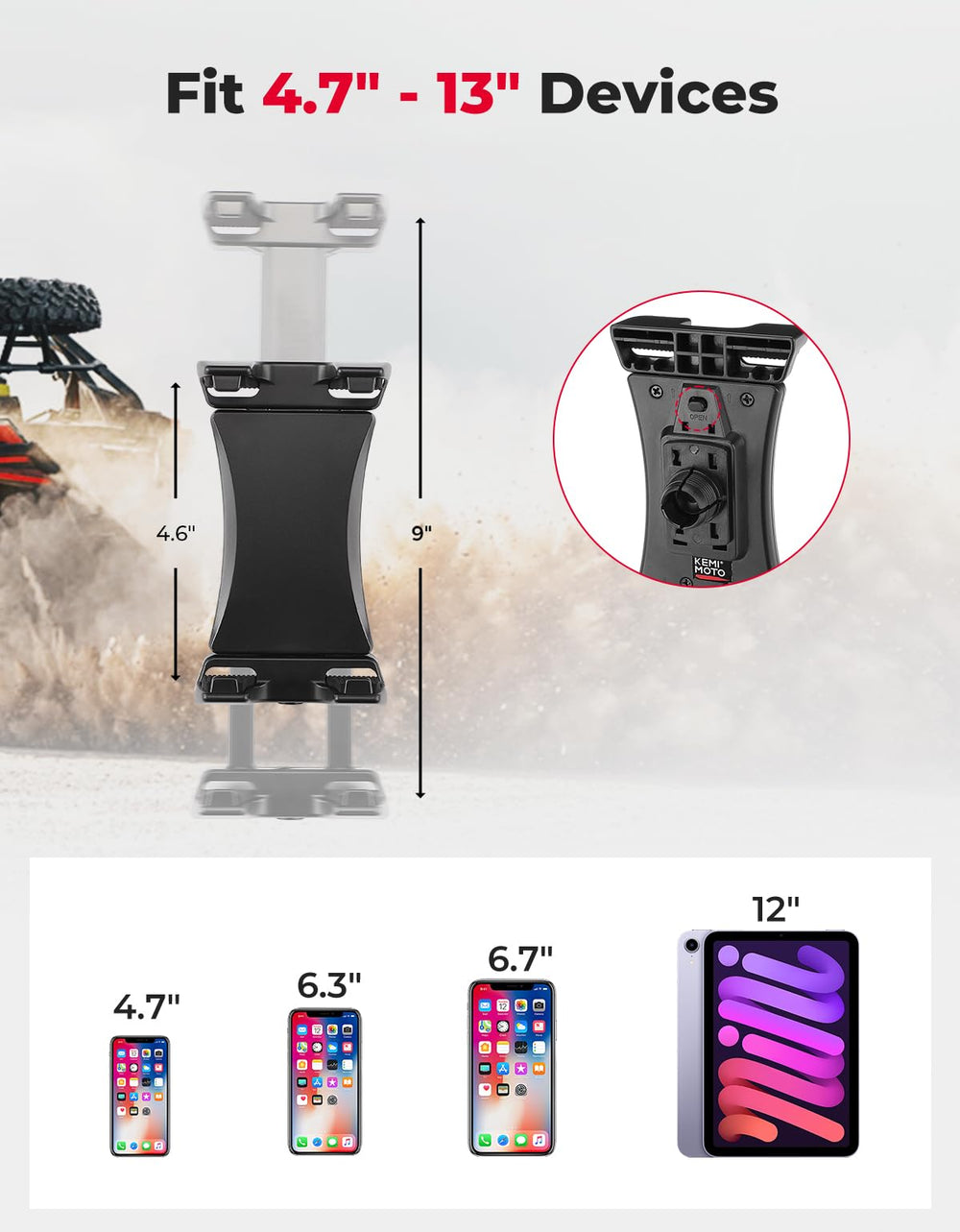 KEMIMOTO UTV Phone Mount on square bar attachment offers versatile mounting options