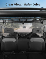 KEMIMOTO UTV rear window close-up shows preinstalled rubber strips.
