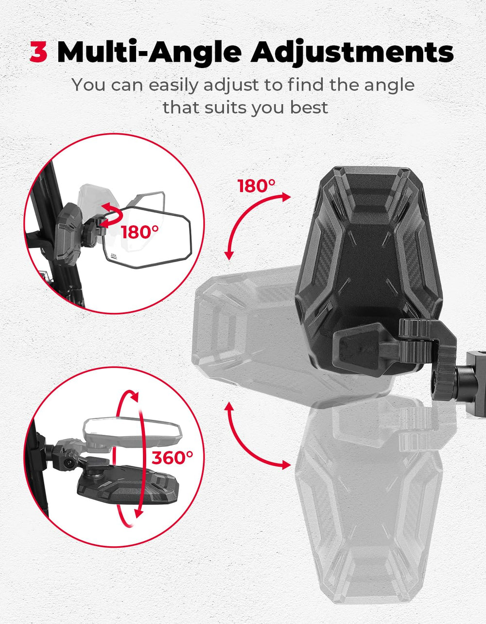 KEMIMOTO UTV mirror shows 3-axis rotation for precise angle adjustment.