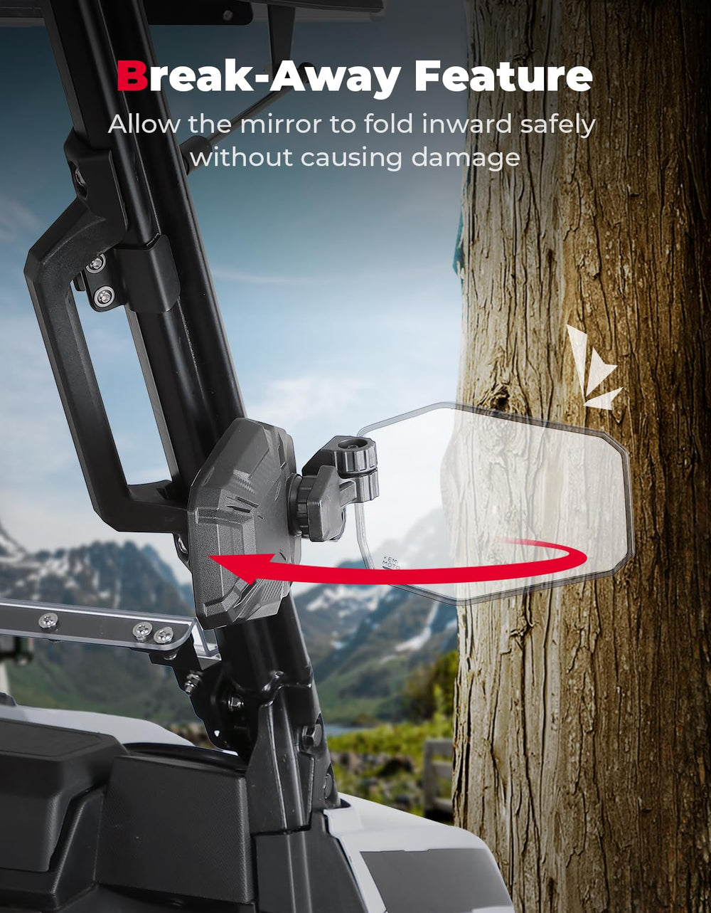 KEMIMOTO UTV mirror in high-impact ABS housing withstands rugged terrain.