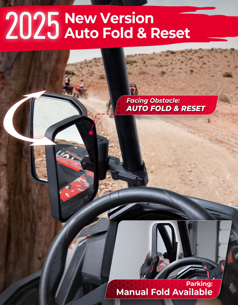 KEMIMOTO UTV side mirrors offer wide convex glass for safer rear viewing.