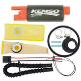 KEMSO 340LPH fuel pump close-up shows high-flow design for performance upgrades