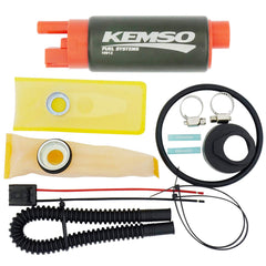 KEMSO 340LPH fuel pump close-up shows high-flow design for performance upgrades
