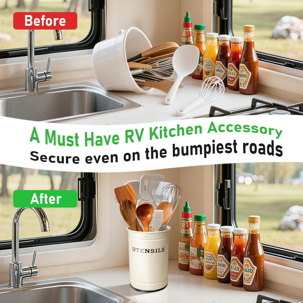 Kevenal magnetic RV utensil holder compact design maximizes small RV countertops.