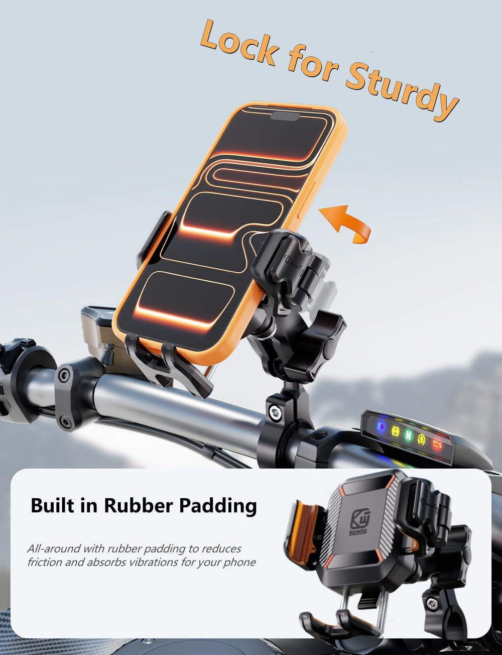 Kewig anti-theft cover keeps the mount secured while riding.