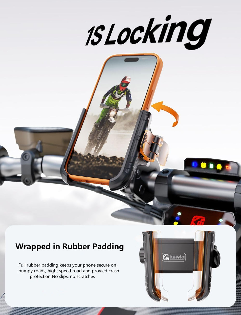 Kewig bike phone holder scratch-proof shields device on rough rides.