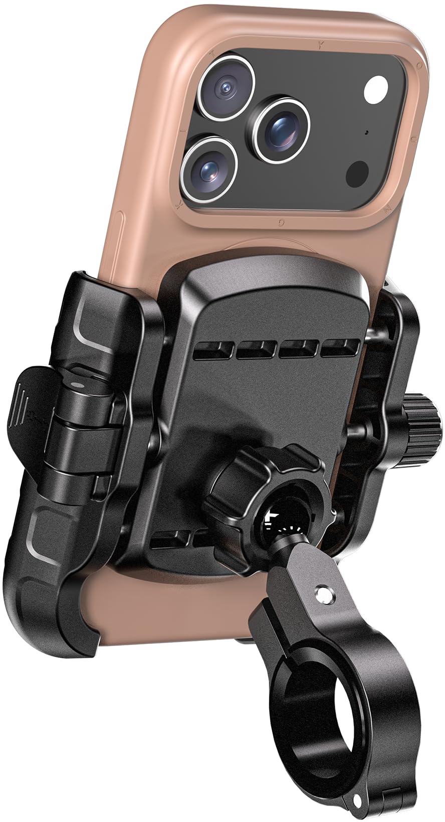Kewig motorcycle phone mount with aluminum base for secure grip on rough roads.