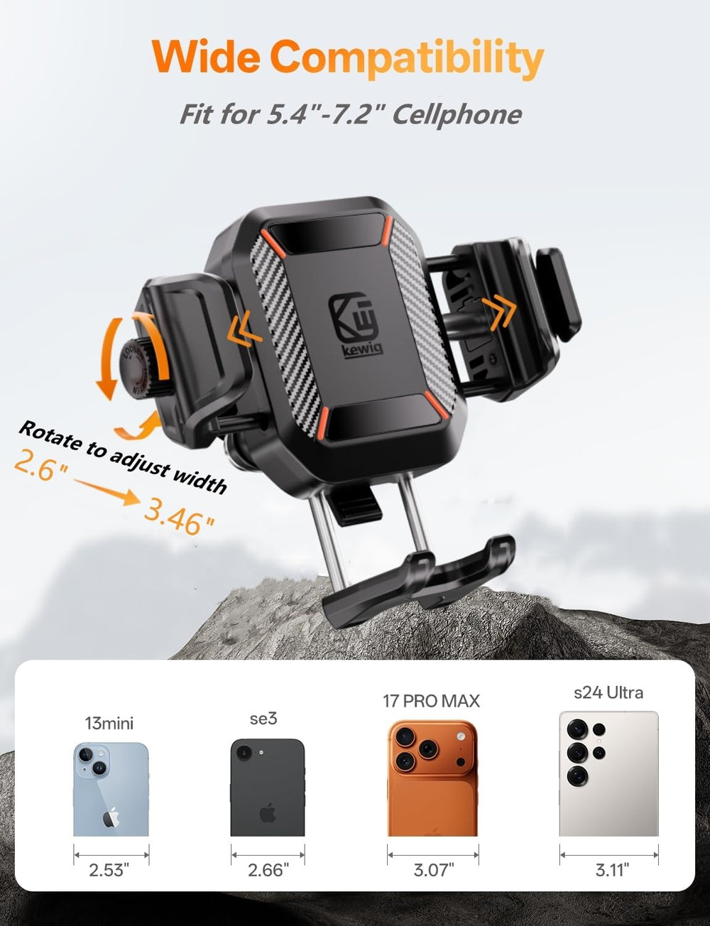 Kewig robust aluminum base provides durable stability on varied handlebars.