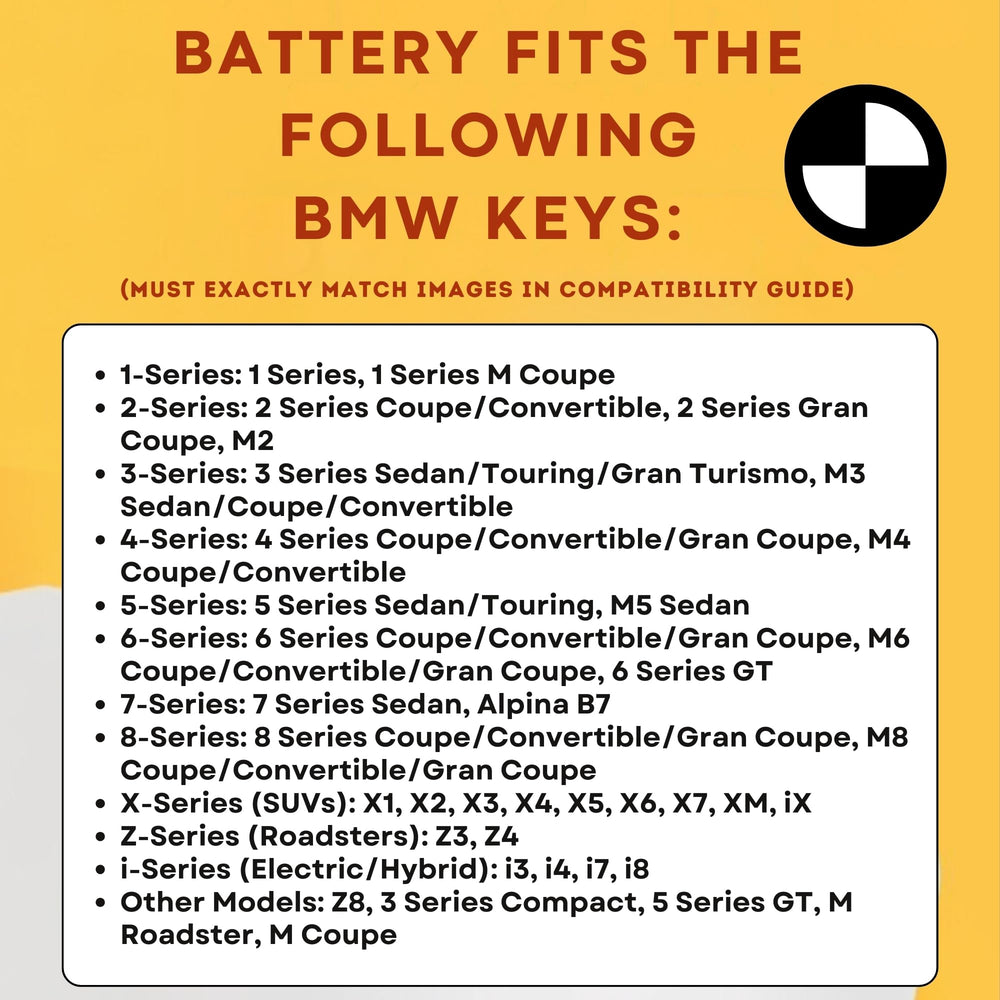 Key Battery Outlet BMW model compatibility chart.
