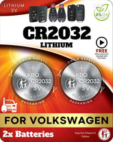 Key Battery Outlet CR2032 2-pack packaging for VW fob, ready for quick replacement.