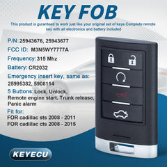 Keyecu 5-button fob enables convenient Trunk and Remote-Start for Cadillac