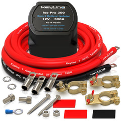 KeyLine Chargers 300A dual battery isolator front view, compact under-hood.