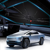Kfonla windshield shade umbrella over Cybertruck front for full edge-to-edge sun protection.