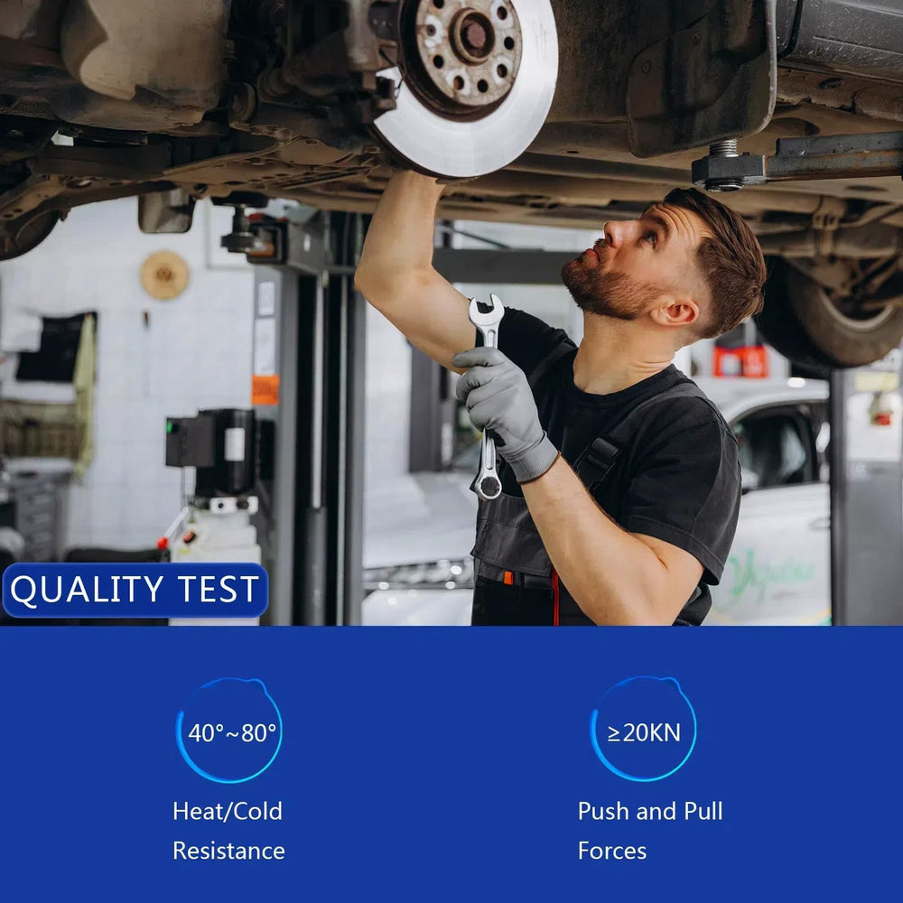 KFVF front sway bar link on vehicle confirms compatibility with Mazda and Mitsubishi models.