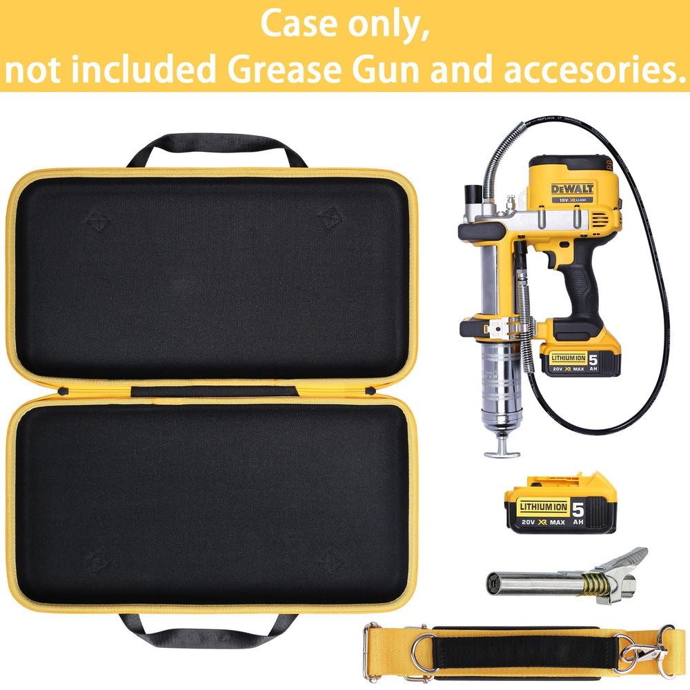 Interior molded cradle keeps DeWalt grease gun components secure for travel.