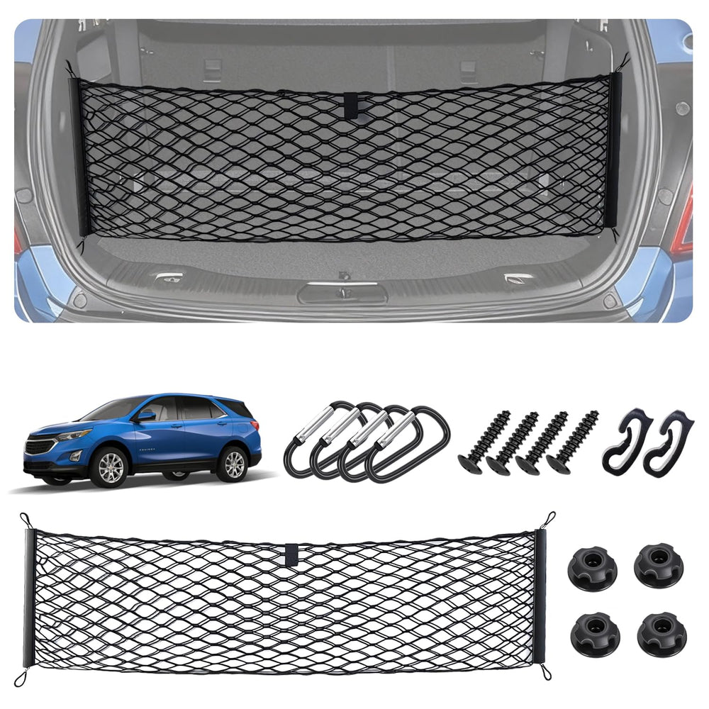 KimCarley Envelope-Style Cargo Net installed in Equinox trunk for secure grocery storage.