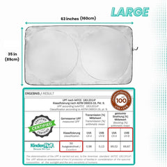 Kinder Fluff windshield sun shade folded compact for easy storage.