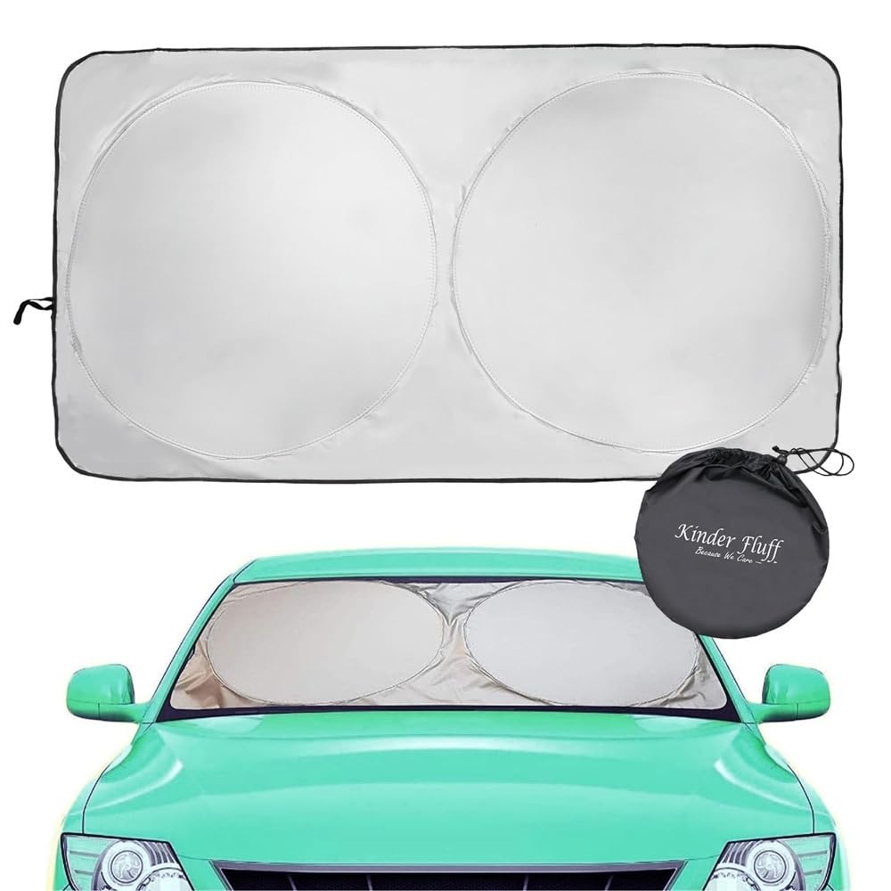 Kinder Fluff windshield sun shade, open, blocks glare for safer driving.