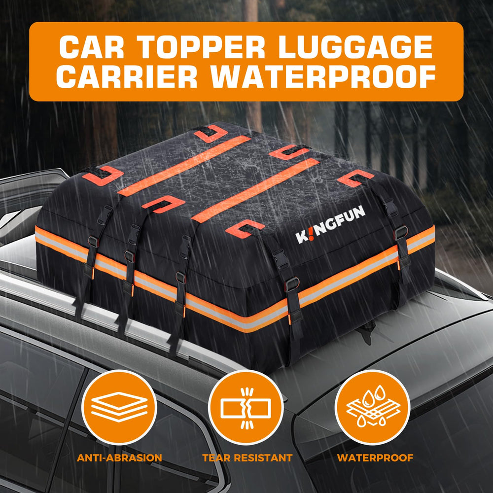 Kingfun rooftop cargo bag demonstrates easy installation for quick setup.