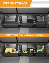Hidden under-seat storage conceals items for discreet organization.