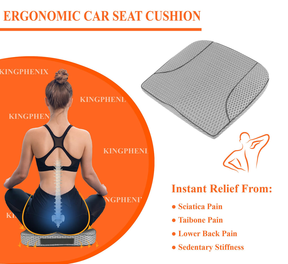 Kingphenix Premium Car Seat Cushion in W-shaped ergonomic pose for posture support.