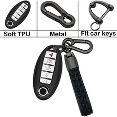 Kirsnda Nissan key fob cover leather keychain detail; woven accent for everyday use.