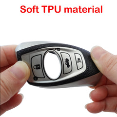 Detailed view of red Kirsnda key fob skin on a Subaru fob