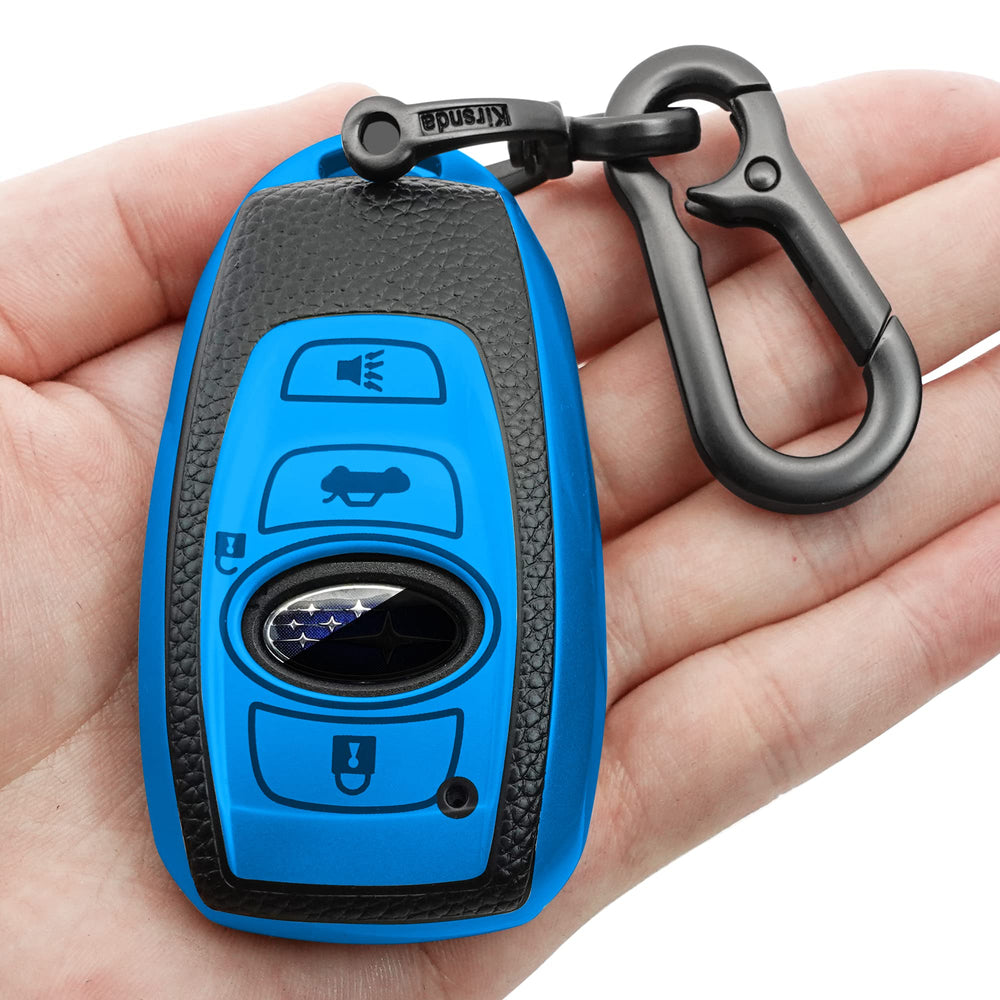 Kirsnda Subaru fob cover in blue texture protects against scratches and improves grip.
