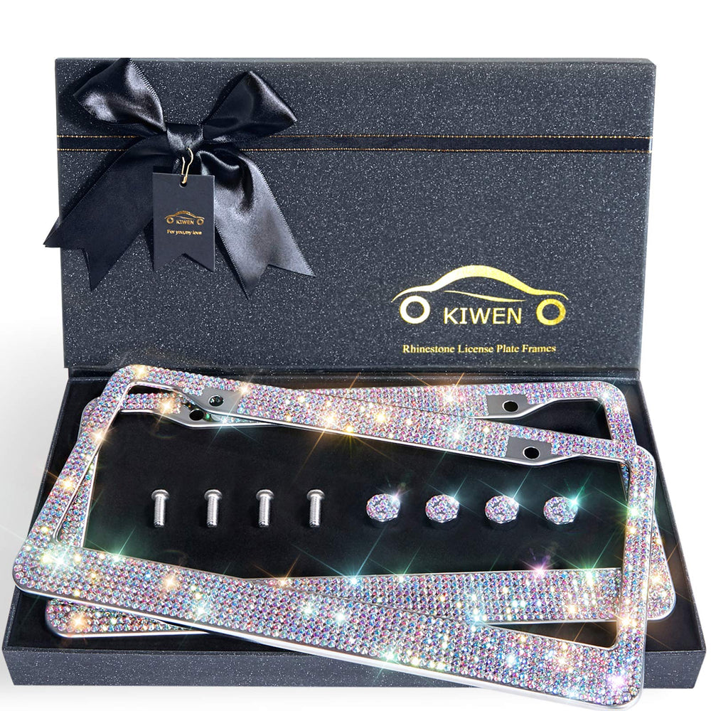 KIWEN bling frames sparkle with rhinestones for a bold car upgrade.