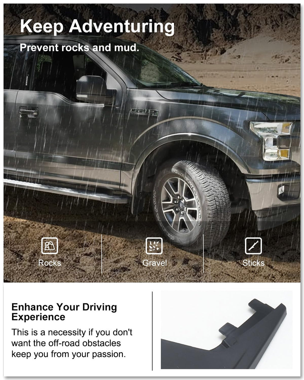 Kiwi Master mud flaps rear right on Ford F-150 shield tires from mud spray
