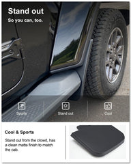 Kiwi Master heavy-duty thermoplastic mud flaps on Gladiator for all-weather use.