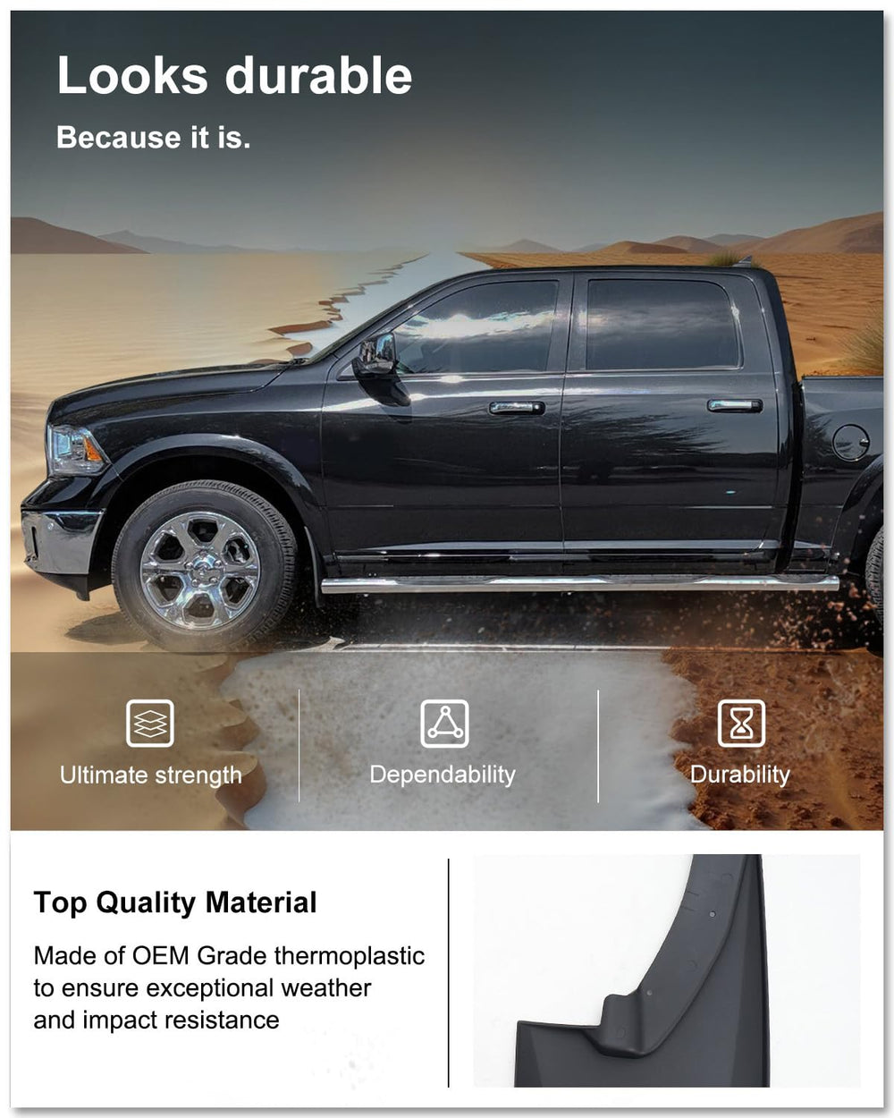 Kiwi Master mud flaps tire coverage prevents spray behind Ram.