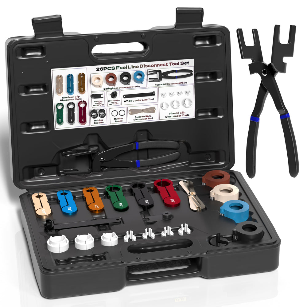KJE 26PCS master tool set shown in full kit for versatile GM and Ford fuel line work.