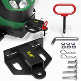 KJE hitch side view demonstrates heavy duty steel build for robust towing on lawns