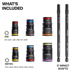 Klein Tools flip sockets close-up showing durable impact-rated construction and clear size marks