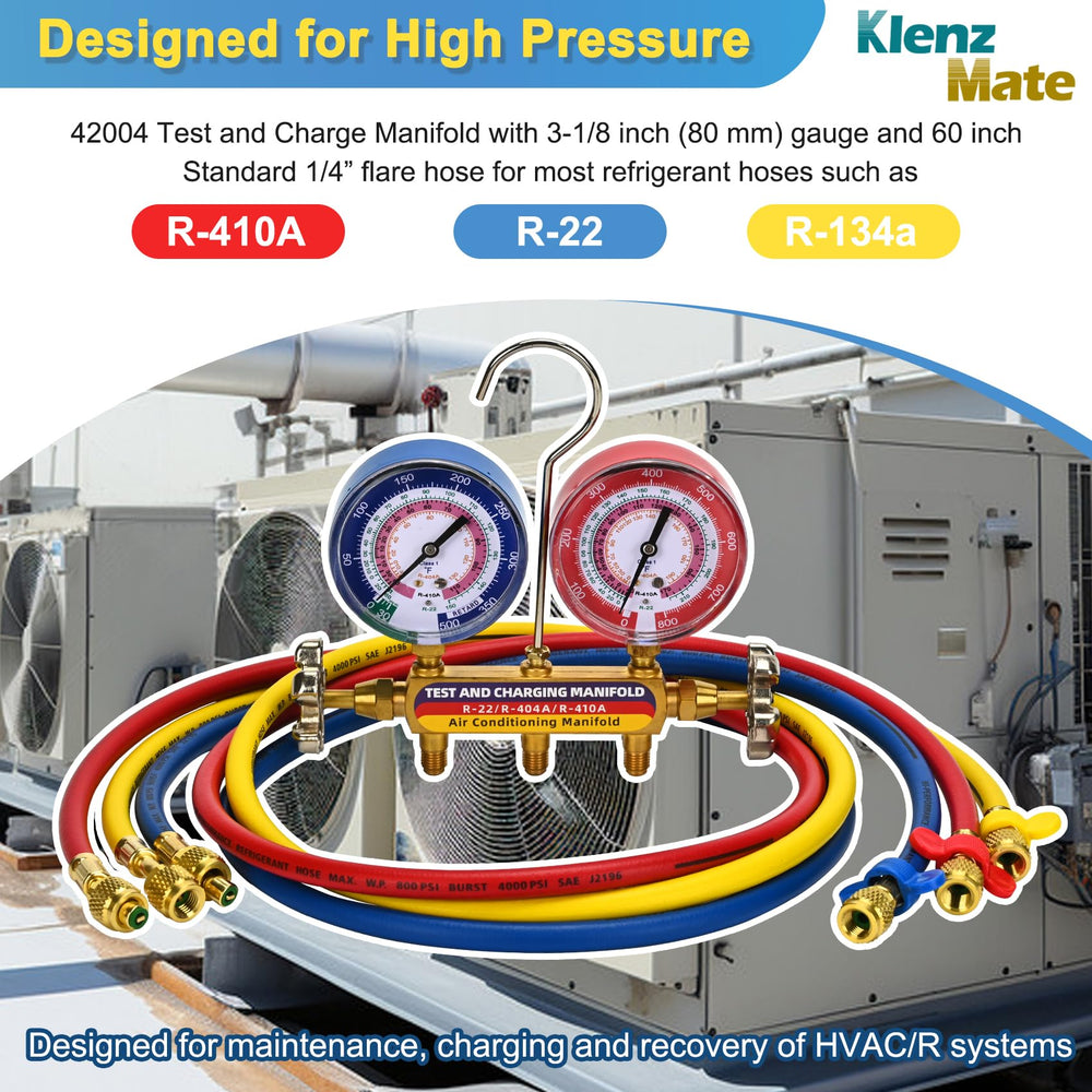 KlenzMate 42004 manifold gauges and dials display clear readings.