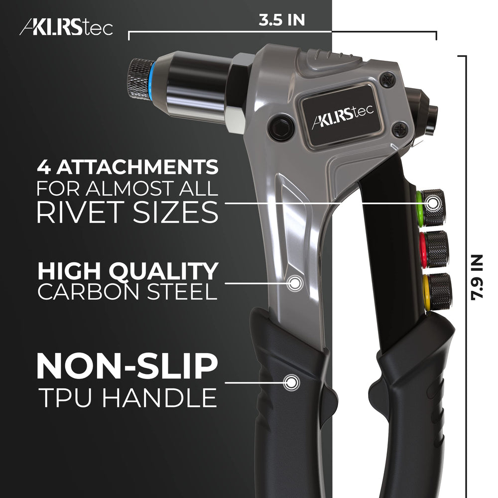 KLRS rivet gun features ergonomic non-slip handle for comfort.