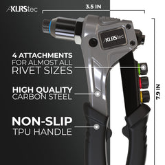 KLRS rivet gun features ergonomic non-slip handle for comfort.