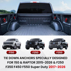 Bed tie-down anchors with 180-degree pull rings for easy mounting and storage.