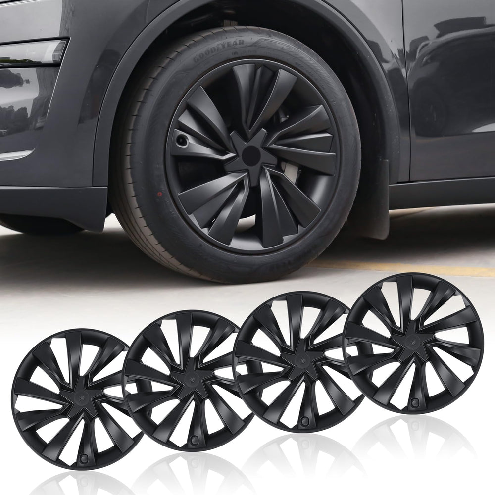 Klutchtech Model Y 19-inch crossflow wheel cover front view enhances style and aerodynamics.