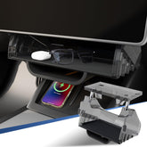 Klutchtech Juniper under-screen tray behind Tesla Y display improves reach for phone and keys