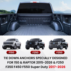 Klutchtech anchors fitted to F250/F550 bed providing rugged cargo security for tools and gear.